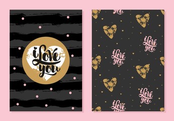Set of romantic greeting cards on Valentine's Day. Elements and text. Vector illustration.