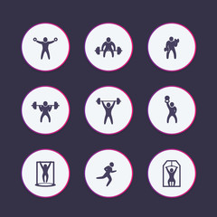 Gym, fitness exercises icons set, training, workout, bodybuilding