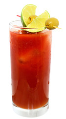 Cocktail bloody mary decorated lime slices and olives isolated