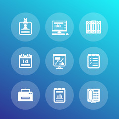 office icons set, documents, folders, schedule, reports, calendar, fax, printer