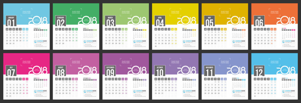 Desk Calendar 2018 - Vector template of 12 Months with Place for Photo, Logo and Info Contact
