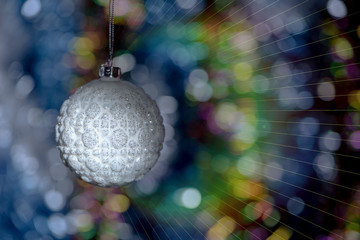 Close up elegance christmas decoration balls with shiny glare hanging on abstract background with copy space for postcard 8