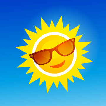 Cheerful, Smiling Cartoon Sun In Sunglasses On Blue Background.