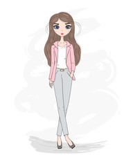 Hand drawn cute fashion cartoon girl. Vector illustration.