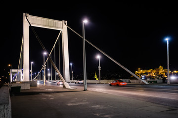 A night shot of the Erzsebet hid / Elisabeth bridge, the white bridge in Budapest 