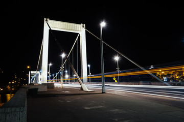 A night shot of the Erzsebet hid / Elisabeth bridge, the white bridge in Budapest 