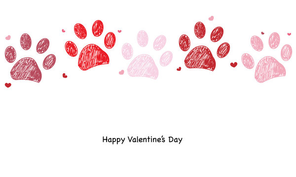 Happy valentine's day greeting card with red hearts and paw prints