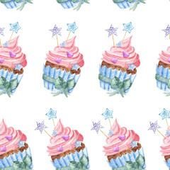 Watercolor pattern of cupcake with toppers