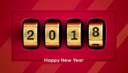 Happy New Year slots background. Realistic slot machine illustration with 2018 numbers. EPS 10 vector illustration.