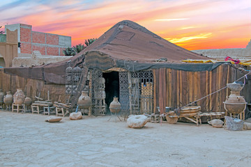 Bedoein tent in Morocco at sunset