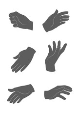Obraz premium A set of 6 hands of a man in a gray glove, isolated on white background