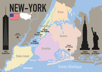 Fototapeta premium New York - plan de New York - Carte - ville - États Unis - Amérique - Manhattan - monument