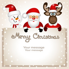 Fototapeta na wymiar Christmas card. Funny postcard with snowman, Christmas moose and Santa.