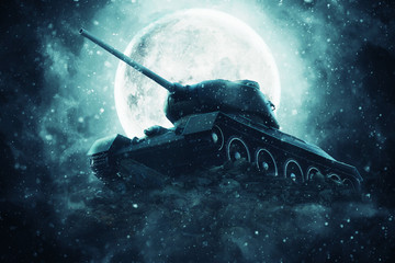 Battle tank in the light of the full moon