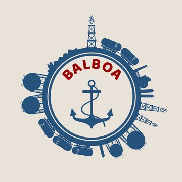 Circle with cargo theme relative silhouettes. Design set of natural gas logistic. Objects located around circle with anchor in the center of them. Balboa port name