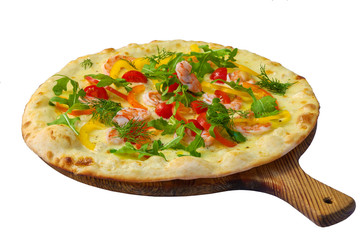 Pizza with shrimp and bell peppers isolated on white background