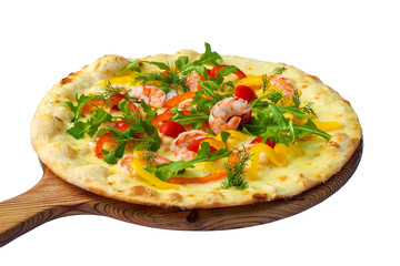 Pizza with shrimp and bell peppers isolated on white background