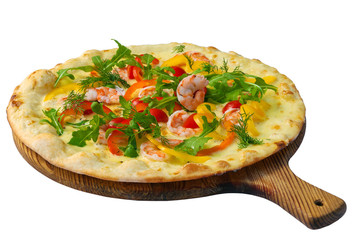 Pizza with shrimp and bell peppers isolated on white background