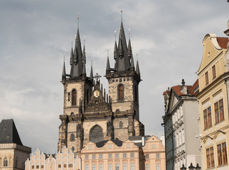 Fototapeta premium View of Church of Our Lady Before Tyn (Chrám Matky Boží před Týnem) from Old Town Square, Prague Czech Republic. Iconic black pointed towers of the medieval Church of Our Lady Before Tyn in Prague.