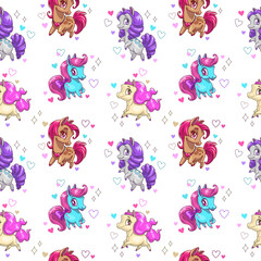 Seamless pattern with cute cartoon pony.