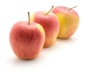Three apples (Evelina variety) in row isolated on white background.