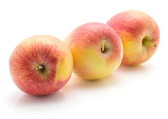 Three apples (Evelina variety) isolated on white background red yellow whole.