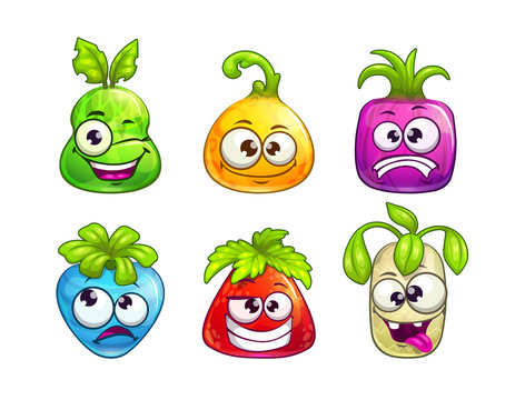Cute comic colorful fruit characters on white background.