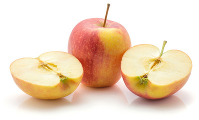 Naklejka na ściany i meble Sliced apple (Evelina variety) isolated on white background one whole and two halves.