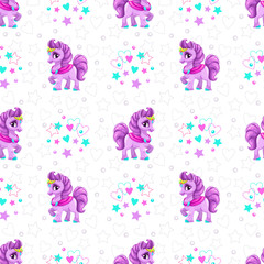 Seamless pattern with cute cartoon horse princess on white background.