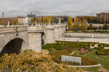 Toledo bridge, in the Madrid river area, with trees with autumn colors