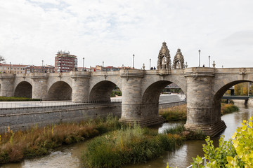 Fototapeta premium Toledo bridge, in the Madrid river area, with trees with autumn colors