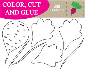 Color, cut and glue to create the image of beet (vegetable). Educational game for children. Vector illustration.