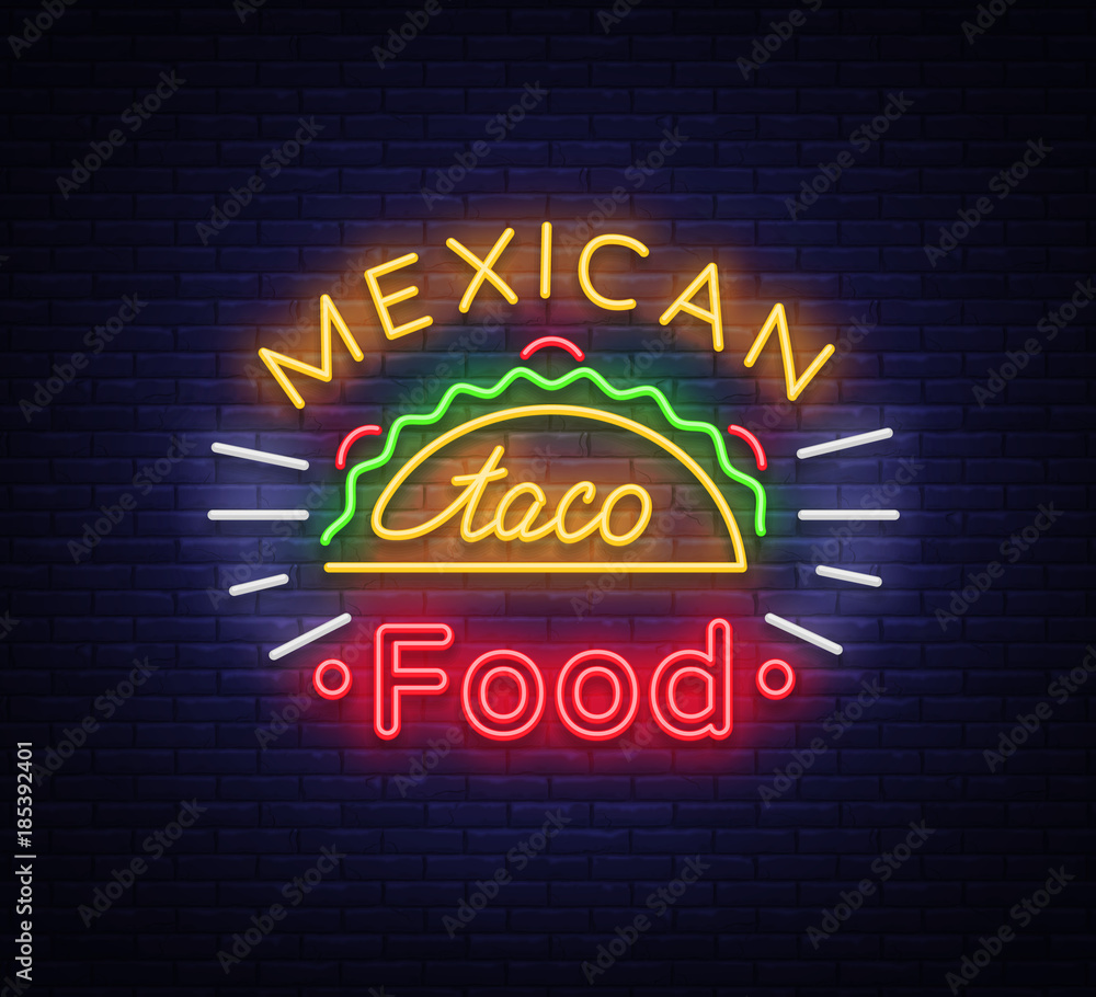 Wall mural taco logo vector. neon sign on mexican food, tacos, street food, fast food, snack. bright neon billb