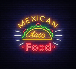 Taco logo vector. Neon sign on Mexican food, Tacos, street food, fast food, snack. Bright neon billboards, shining nightly ads of tacos, Mexican food, cafes, restaurants, dining, snack bars dining