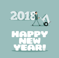 Happy New Year cartoon with man carting the old year away on a hand truck and leaving the shiny new year behind. EPS 10 vector illustration.