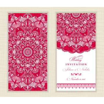Wedding invitation cards Eastern style pink and red. Arabic  Pattern. Mandala ornament. Frame with flowers elements. Vector illustration.