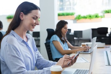 Female executive using mobile at desk