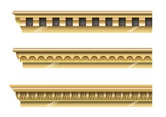 A set of classical gold cornices for the walls of buildings. Stucco molding. Vector graphics © denisik11
