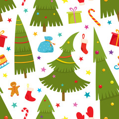 Seamless pattern with cartoon christmas tree, gifts, socks, stars