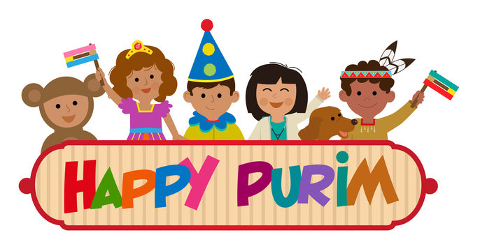 Kids Purim Sign - Happy Purim banner with kids wearing costumes. Eps10