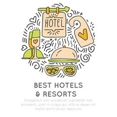 Best Hotel and resortes vector icon concept. champagne glasses, hotel attribute hand draw cartooning style, in one round form with decorative elements. Hotel and Resort doodle icons