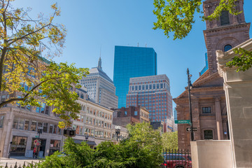 Boston USA Public Garden, Common Frog Pond and city skyline.