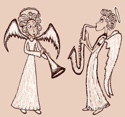 Angels play a trumpet and saxophone