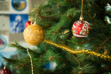 Christmas and new year decoration colored balls on the pine tree