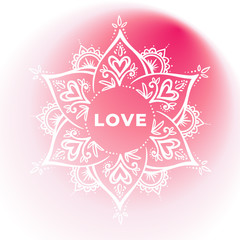 Valentines Day romantic mandala on pink gradient background. Love poster.