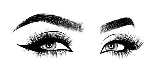 Hand-drawn woman's sexy luxurious eye with perfectly shaped eyebrows and full lashes. Idea for business visit card, typography vector.Perfect salon look. - obrazy, fototapety, plakaty