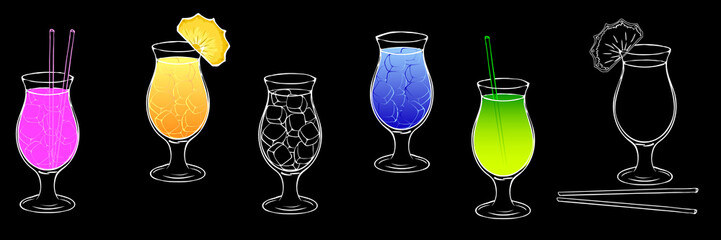 A set of images of cocktails with ice on a black background. A glass for Pina Kolada. Refreshing, summer cocktails, straw, a slice of pineapple, fruit cocktails. Crazy cocktails Vector Eps10