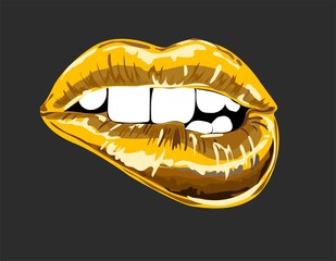 Abstract gold lips. Open Mouth with bold color paint flow. Idea for business visit card, typography vector. Stylish salon look.Perfect for invitation, greeting card, poster, print etc.