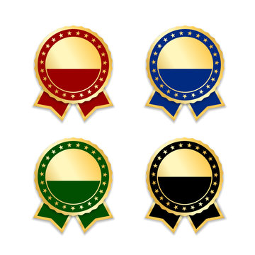 Award ribbons isolated set. Gold design medal, label, badge, certificate. Symbol best sale, price, quality, guarantee or success, achievement. Golden ribbon award decoration. Vector illustration