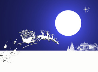Papá Noel en trineo despegando, fondo azul iluminado con luna llena, blanco, nieve, Santa Claus, Navidad